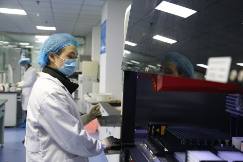 检验人员正在对血液标本进行血型分析.JPG